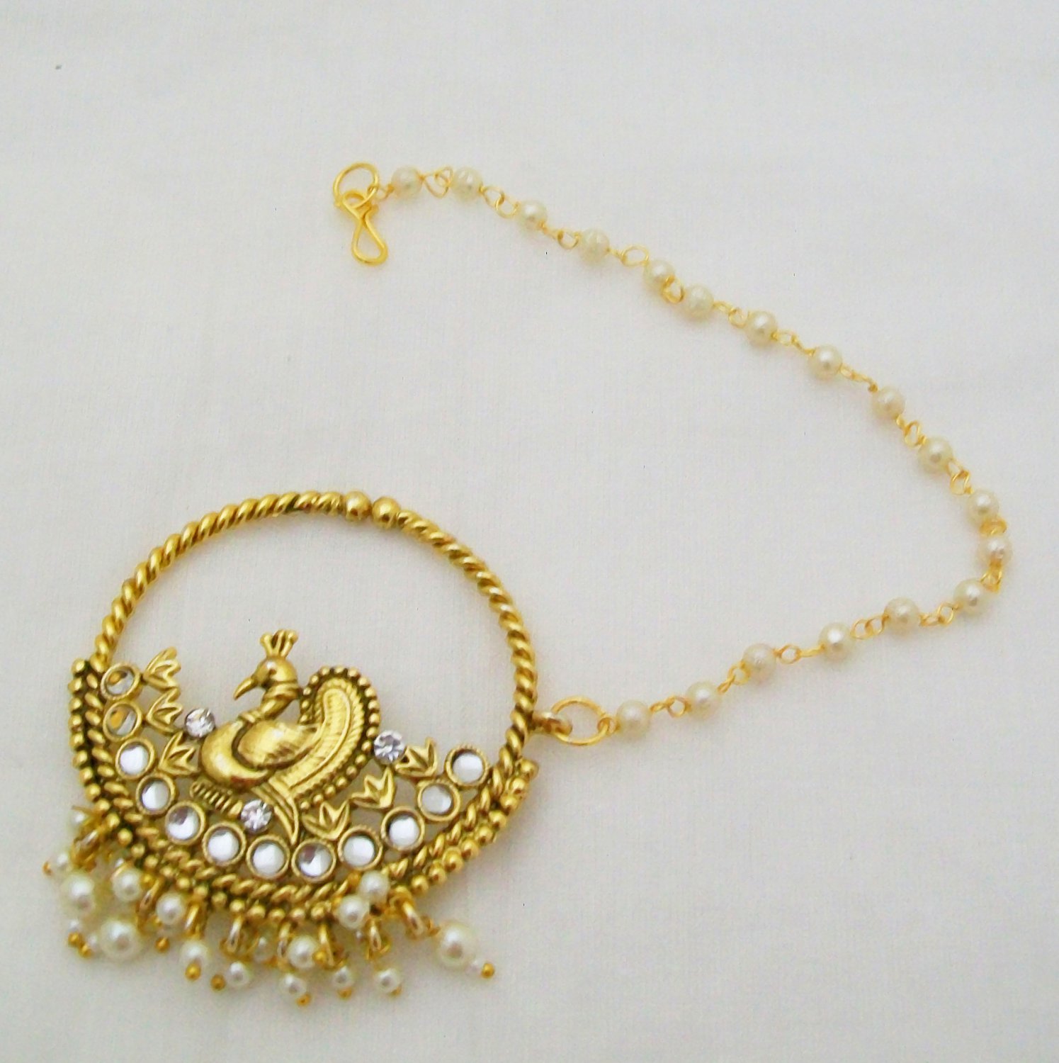 Peacock Pearl Kundan Nath Nose Ring Hoop Chain Indian Traditional