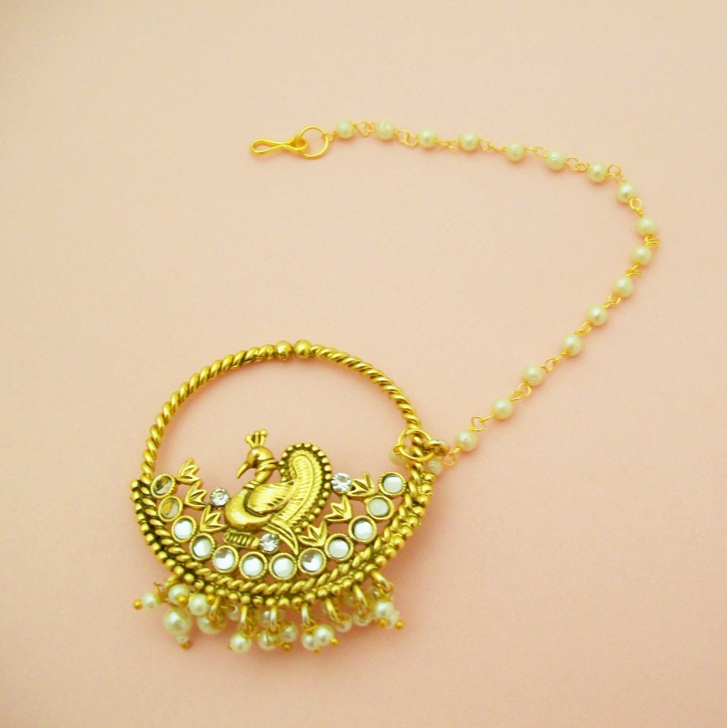 Peacock Pearl Kundan Nath Nose Ring Hoop Chain Indian Traditional