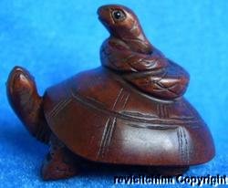 #1007 Japanese Carved Boxwood Netsuke Snake & Tortoise