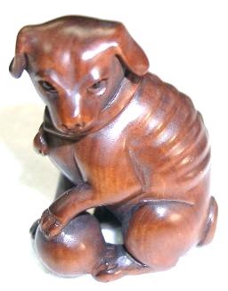 Lovely Boxwood Netsuke: Dog Playing Ball