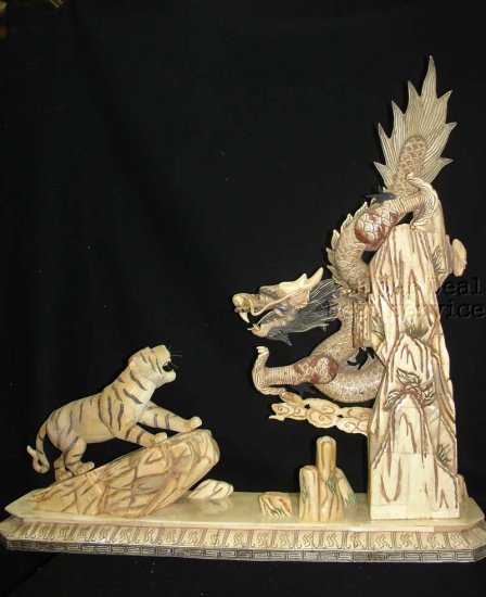 Rare China Bone Carving-Dragon Fight Tiger-QianLong