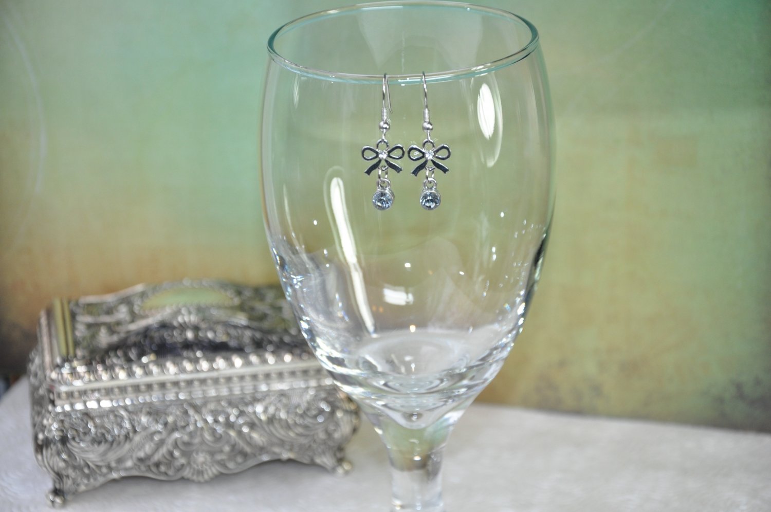 Handmade Earrings by Bead Artist Silver Bow with Rhinestone Charm Dangle Earrings