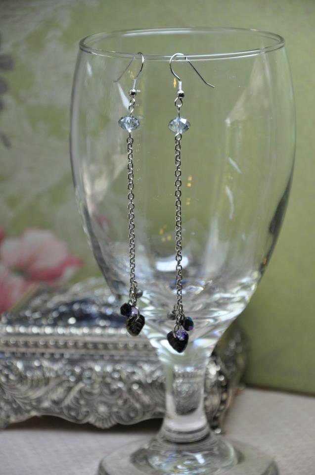 Silver Chain Bead Leaf Crystal Drop Earrings
