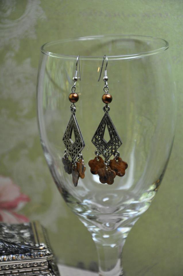 Handmade Chocolate Brown Floral Glass Pearl Chandelier Bead Earrings