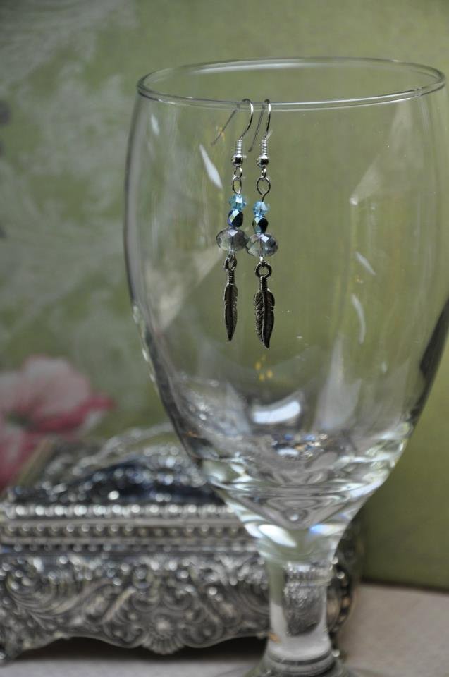 Silver and Blue Crystals With Feather Charm Bead Dangle Earrings