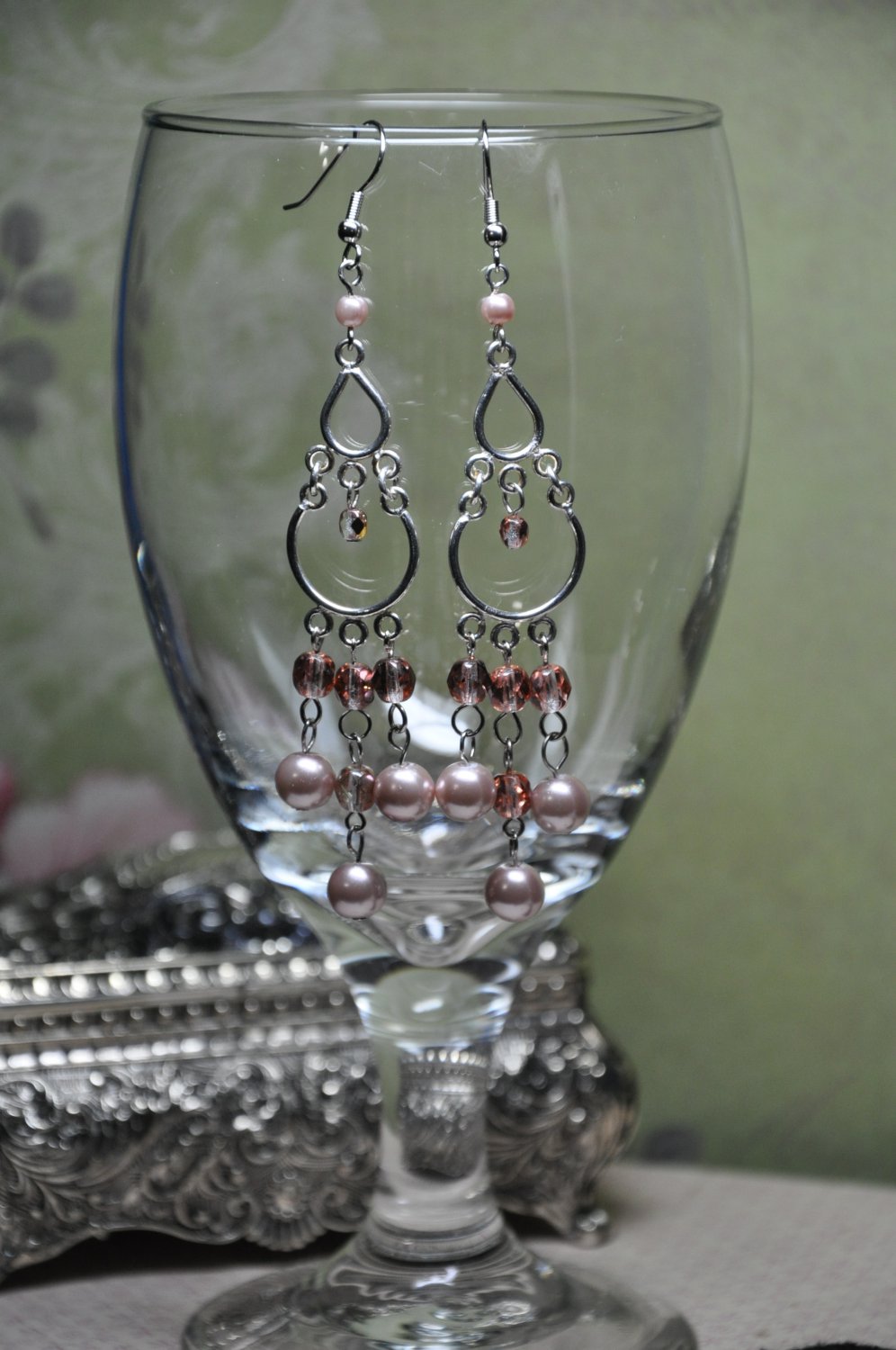 Tan Faux Glass Pearls and Czech Crystals Chandelier Bead Earrings