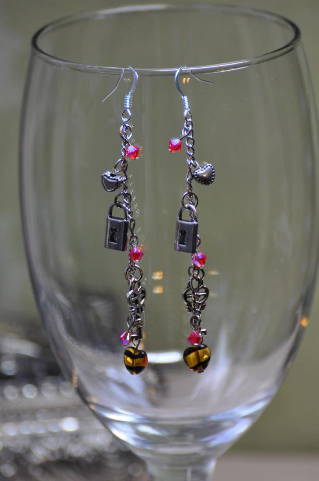 Heart and Key Charm Drop Bead Earrings