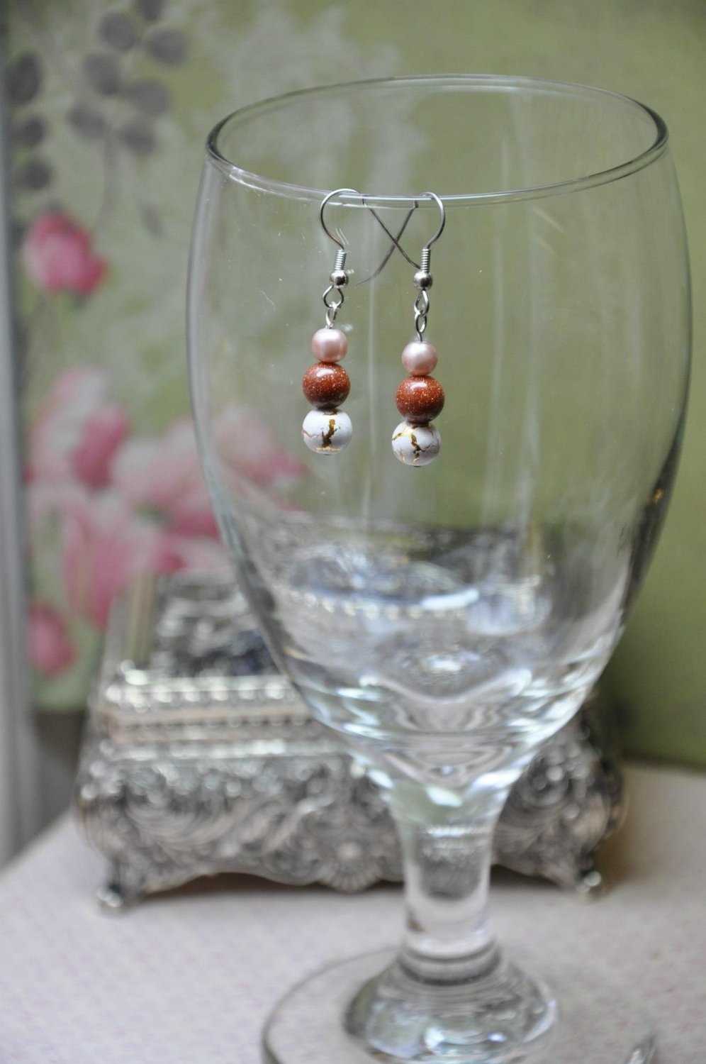 Tan and Brown Glass Pearl Earrings With Genuine Orange Moonstone Gemstones