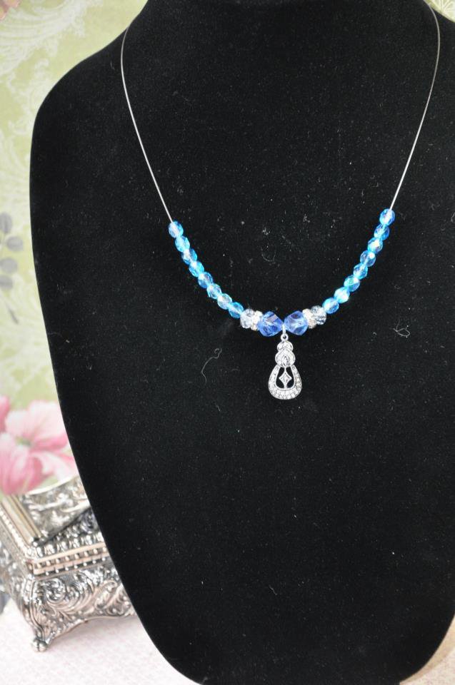 Blue Swarovski Crystal With Antique Look Bead Charm Necklace