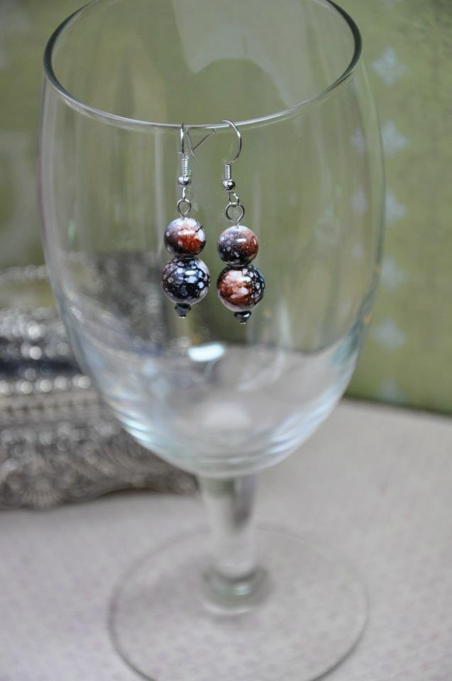 Black With Brown and White Print Bead Drop Earrings