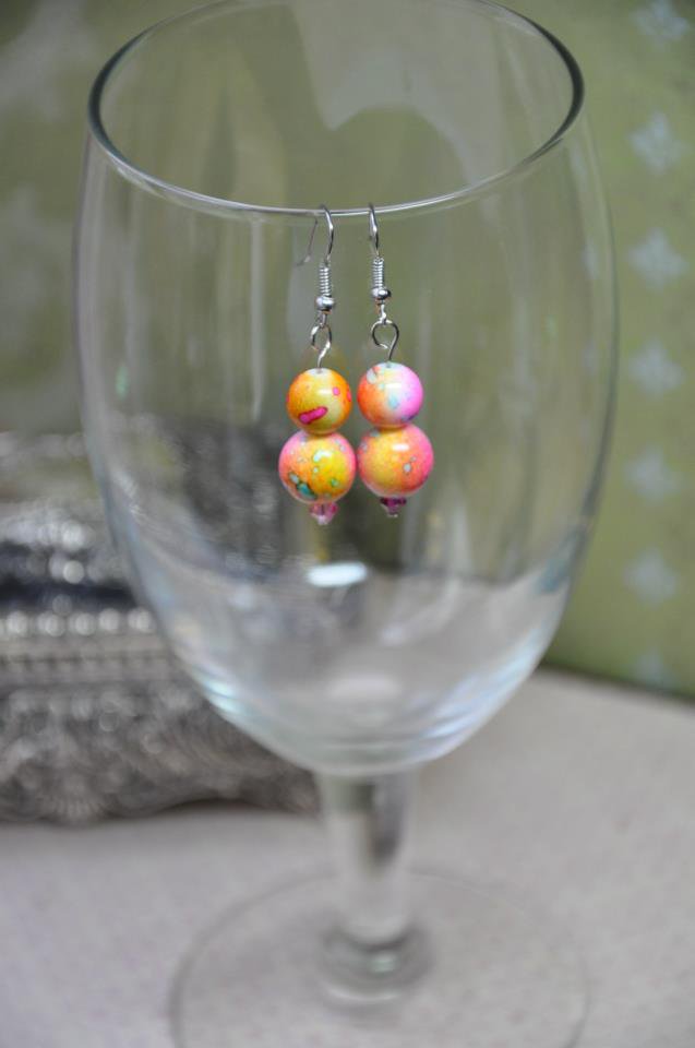 Pink and Yellow Tie Die Print Bead Drop Earrings