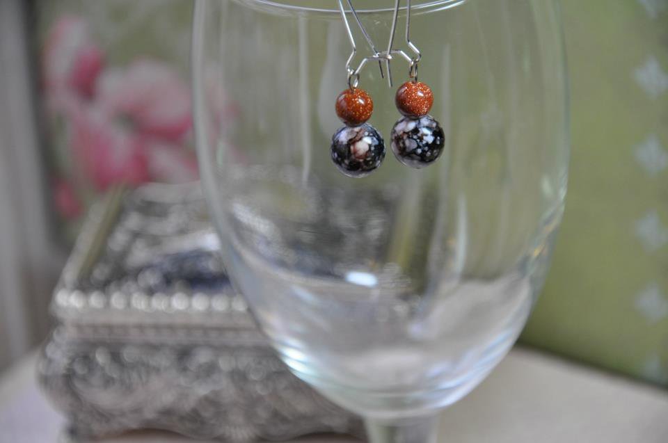 Orange Moonstone Gemstone W Black Print Glass Drop Bead Earrings