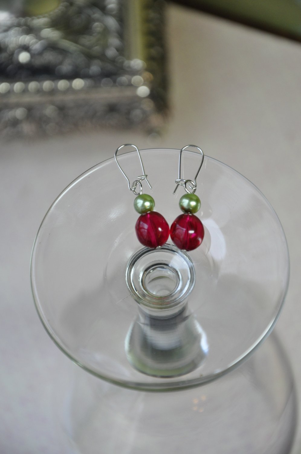 Red Bead w Green Pearl Drop Earrings