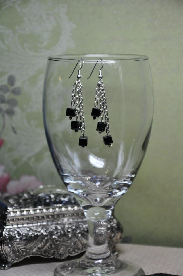 Black Cube Chain Bead Dangle Earrings Handmade