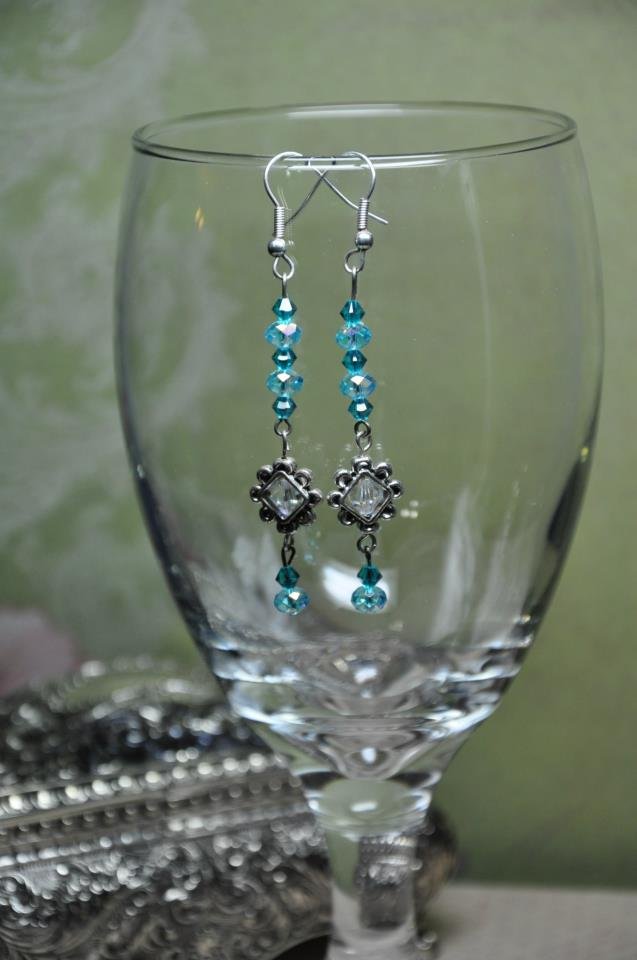 Teal Blue Crystal Drop Triangle Charm Earrings