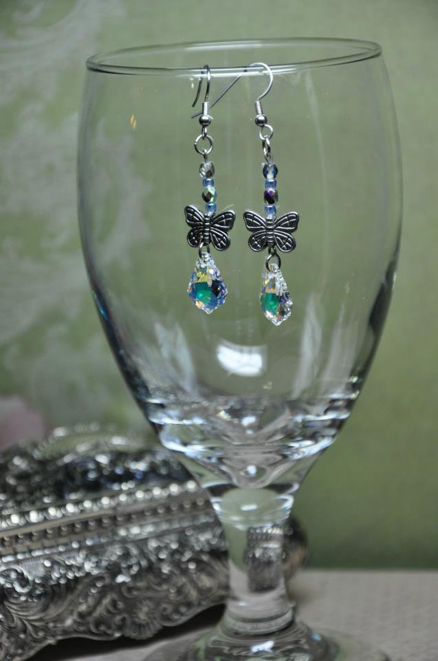 Silver Charm Butterfly Swarovski Crystal Dangle Earrings