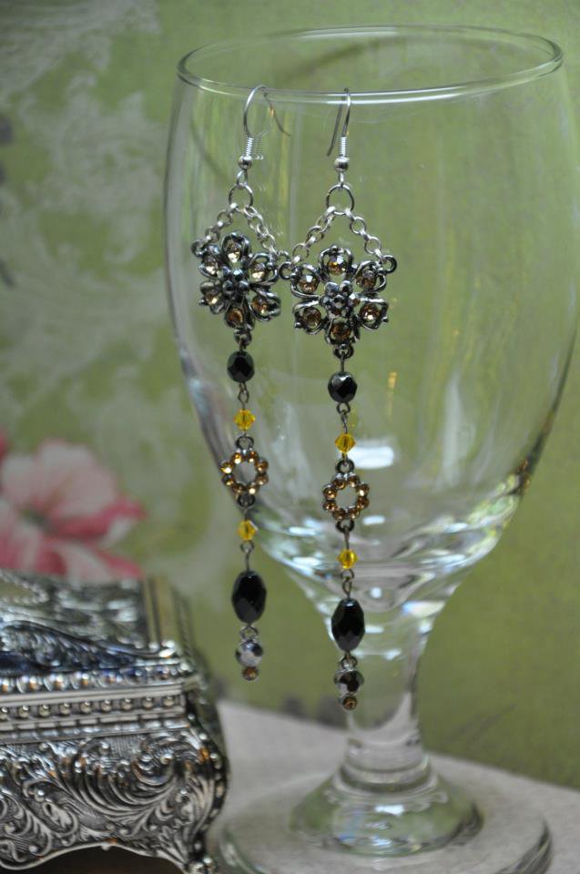 Sunflower Swarovski Crystals Drop Black Bead Earrings Handmade