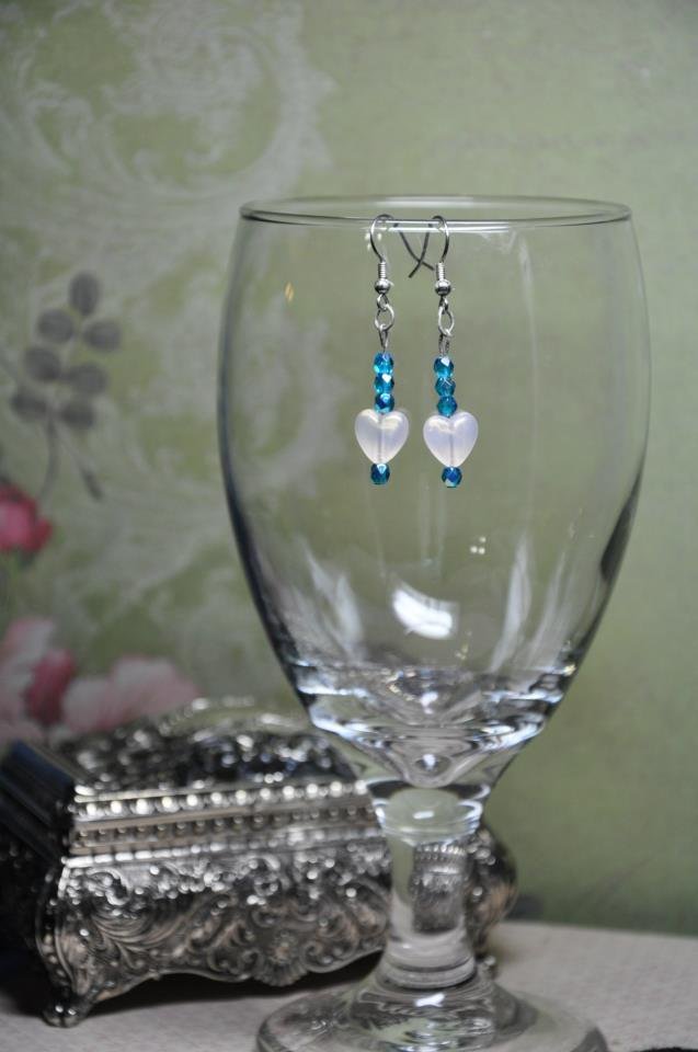 Unique Handcrafted White Heart Earrings w Blue Czech Faceted Glass Beads