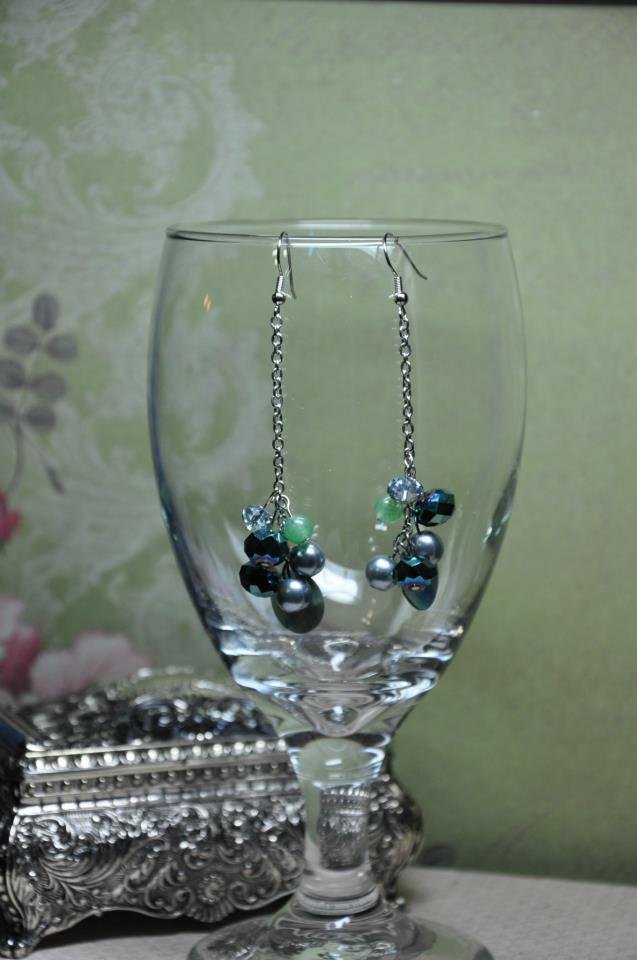 Green Swarovski Crystal On Silver Chain Cluster Bead Earrings