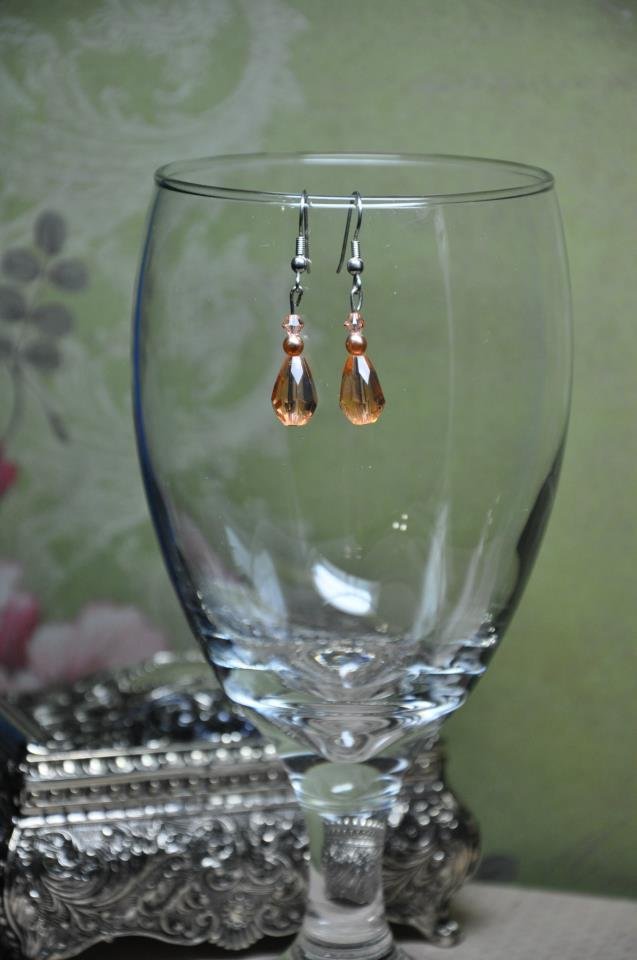 Caramel Bead Teardrop With Tan Swarovski Crystals Drop Earrings Handmade