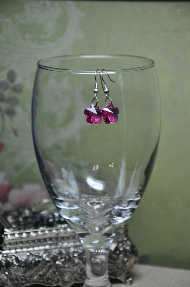 Fuschia Crystal Glass Flower Bead Dangle Earrings