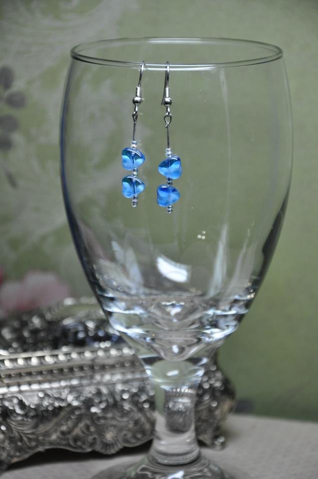 Small Blue Double Heart Bead Earrings