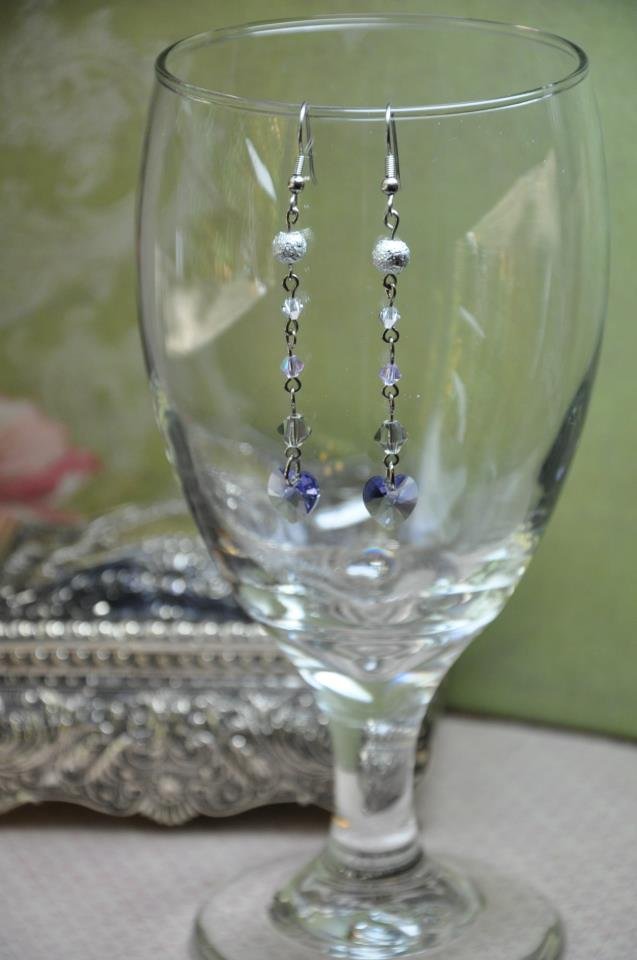 Purple and Grey Crystal Heart Drop Earrings