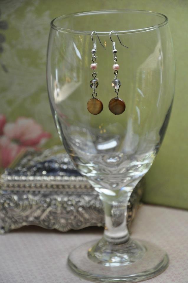 Silver Czech Glass Bead Earrings With Light Pink Pearls and Round Disc Beads