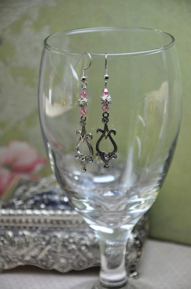 Pink Bead Silver Disco Ball Drop Earrings