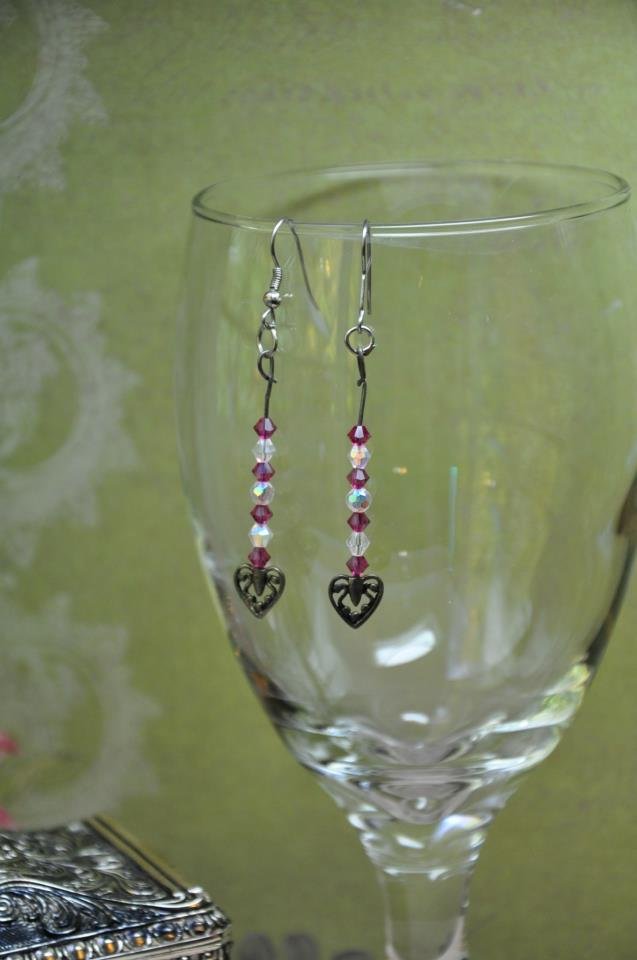 Silver Charm Heart Pink Drop Bead Earrings With Swarovski Crystals