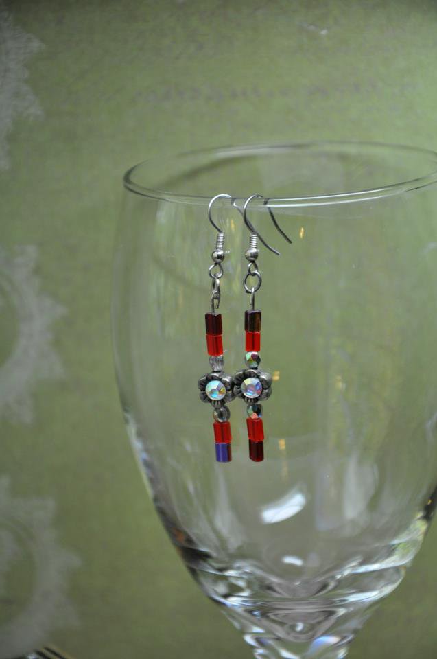 Unique Handmade Red Flower Charm Drop Beaded Earrings