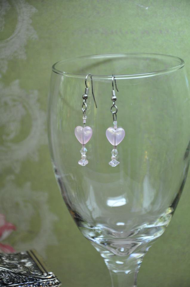 Unique Handmade Soft Pink Heart Drop Beaded Earrings