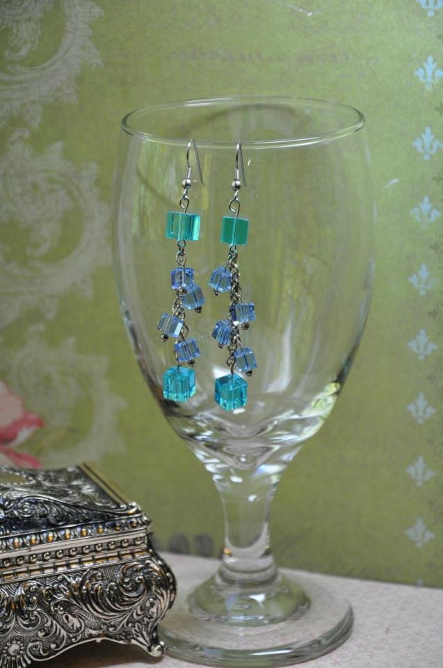 Blue Swarovski Crystal Cube Drop Earrings Handmade