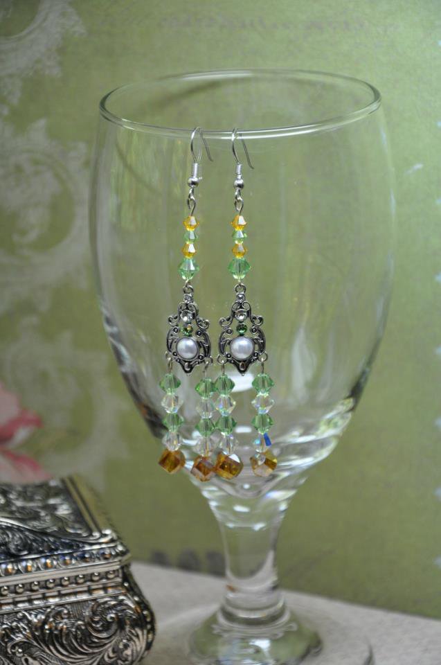 Unique Gold and Green Pearl Swarovski Chandelier Handmade Designer Earrings