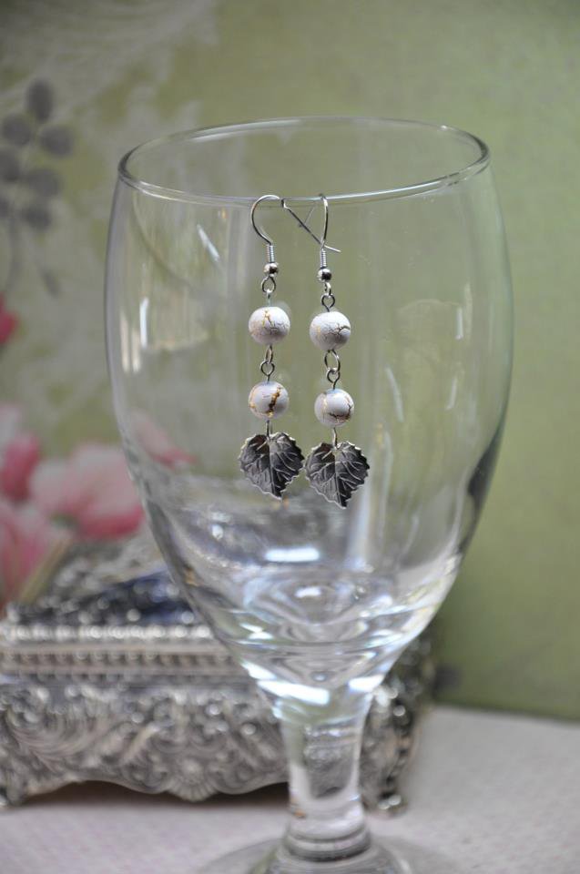 Silver Leaf Drop Earrings With White Gold Glass Beads