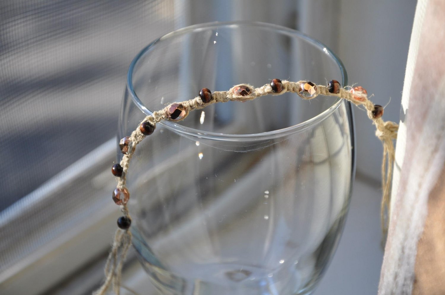 Brown Wood Beads with Gold Crystal Beads on Hemp Bracelet