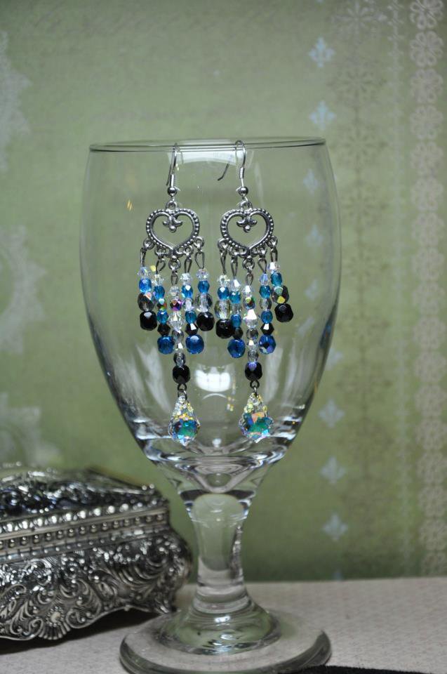 Unique Swarovski Crystals Black and Blue Heart Chandelier Handmade Earrings