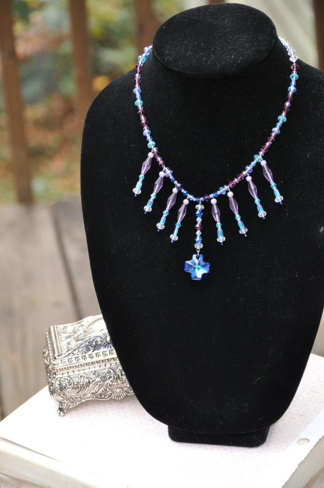 Blue With Purple Swarovski Cross Bead Fringe Crystal Necklace Handmade