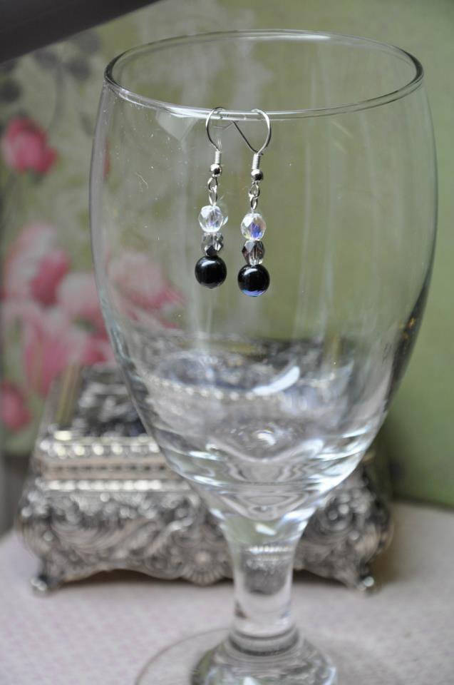 Black Crystal Silver Drop Bead Earrings