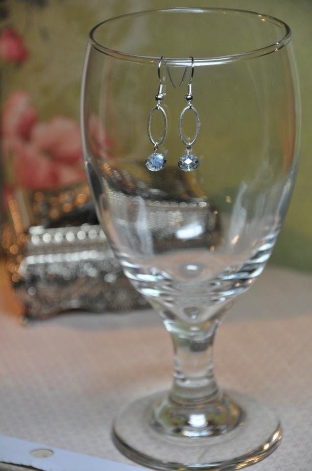 Unique Silver Oval Hoop With Blue Crystal Bead Dangle Earrings