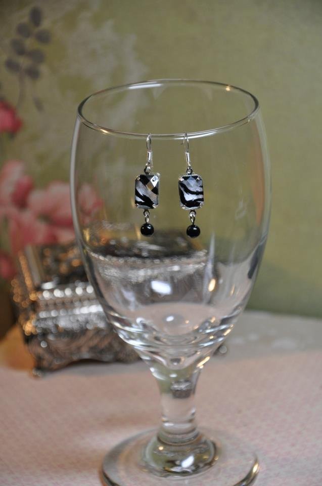 Handmade Black Zebra Charm Drop Bead Earrings