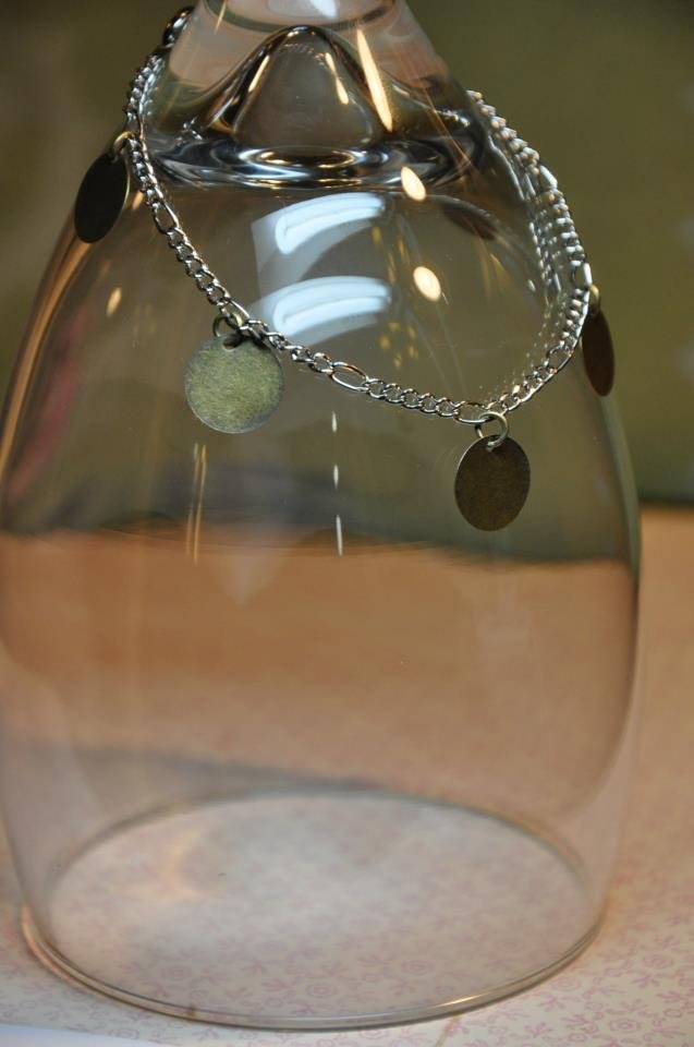Bronze Disc Charm Bead Bracelet On Silver Chain Handmade