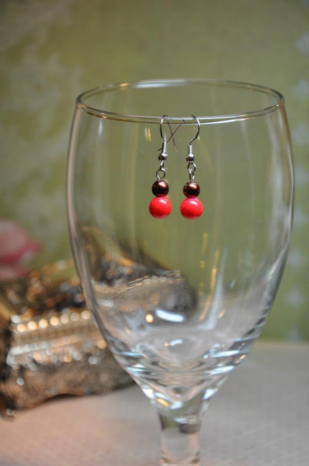Red and Brown Faux Glass Pearl Drop Earrings