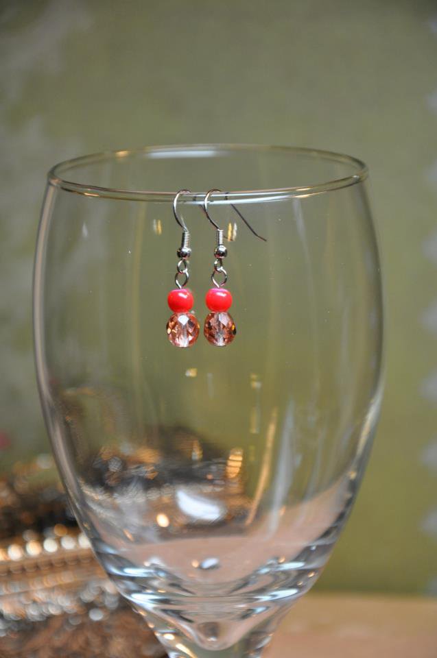 Faux Glass Corral Red and Brown Bead Drop Earrings