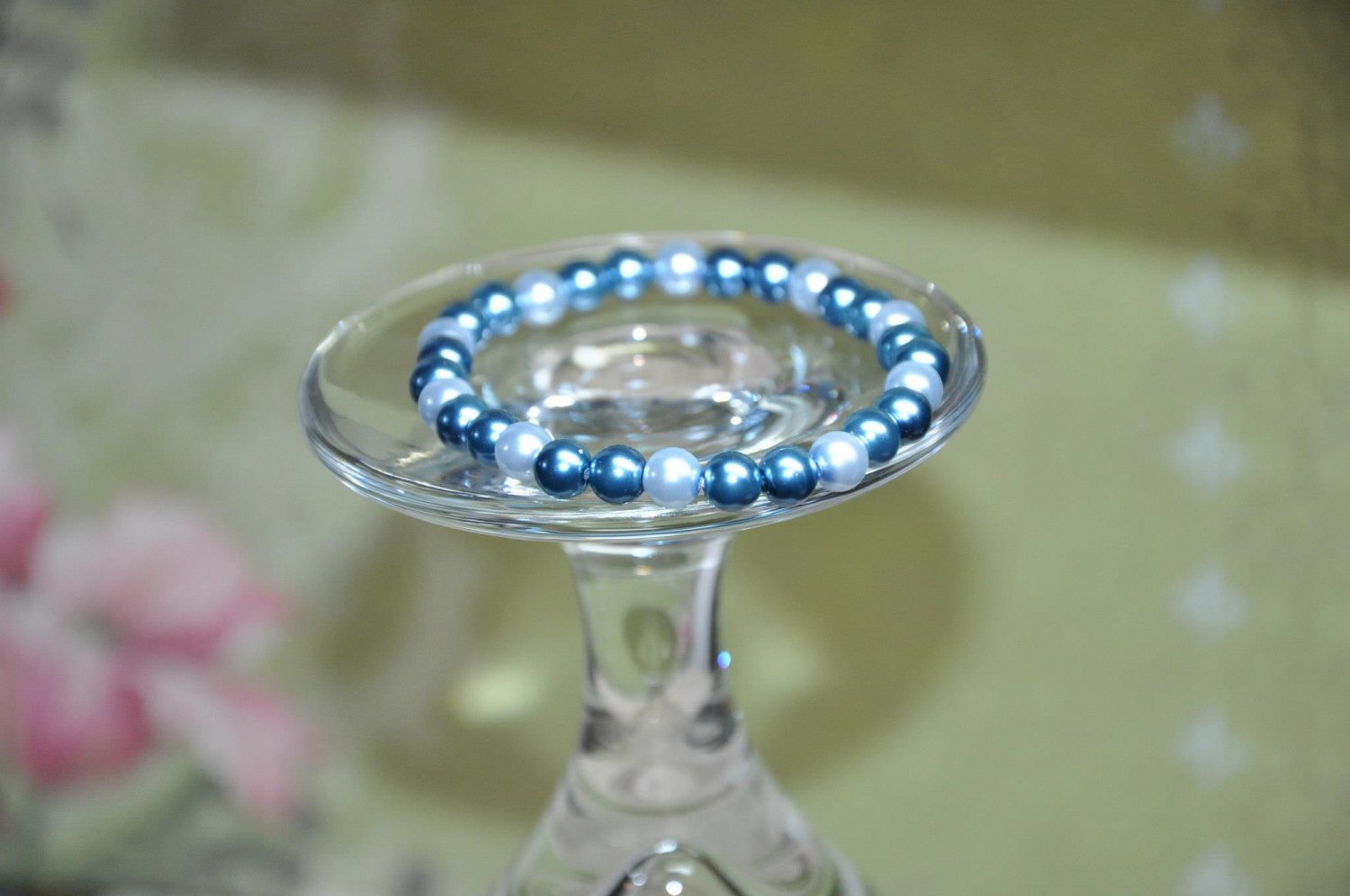 Blue Beads On Stretchy Faux Glass Pearl Bracelet