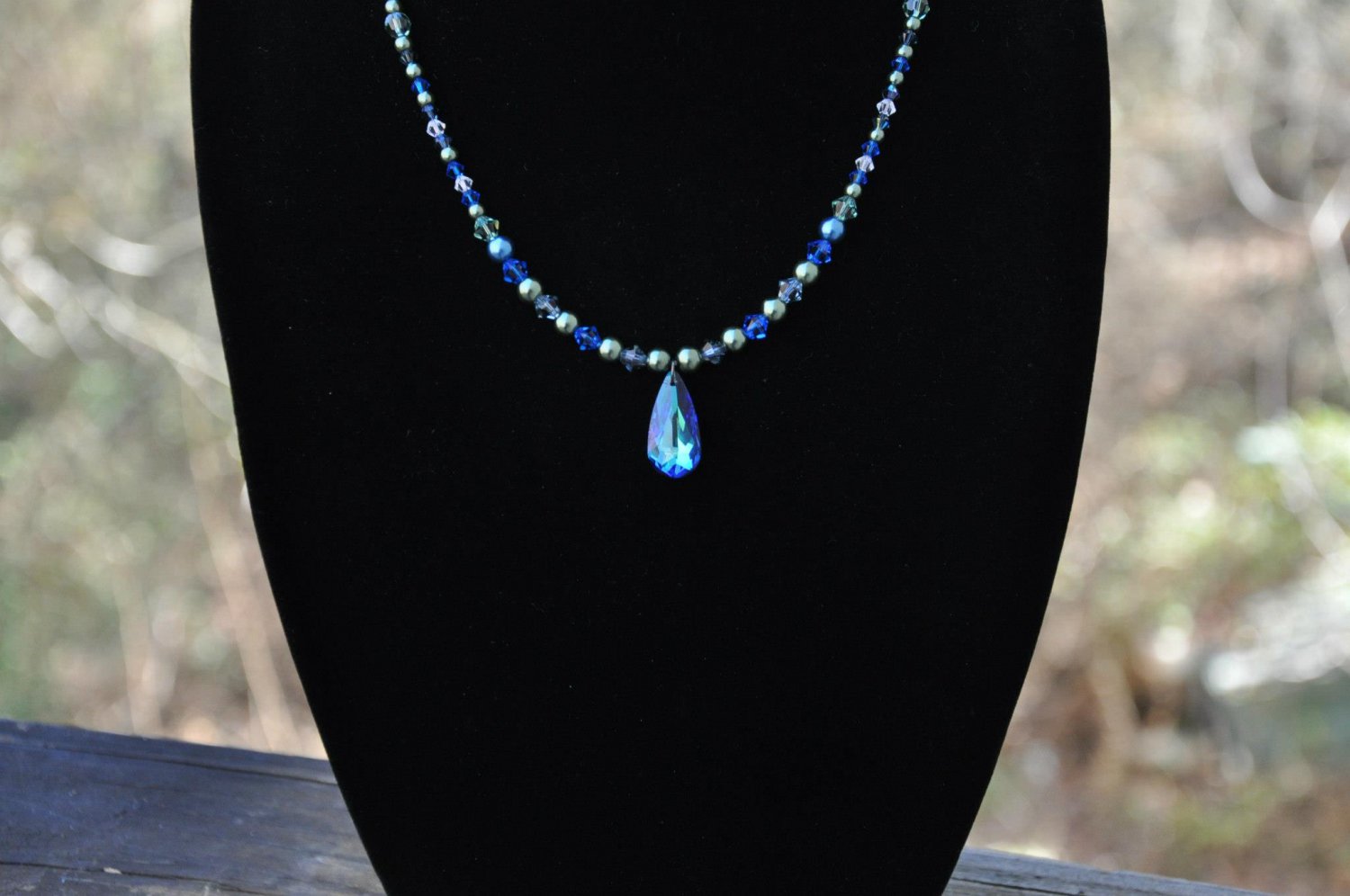 Unique Blue Bermuda Swarovski Crystal Pendant Handmade Necklace