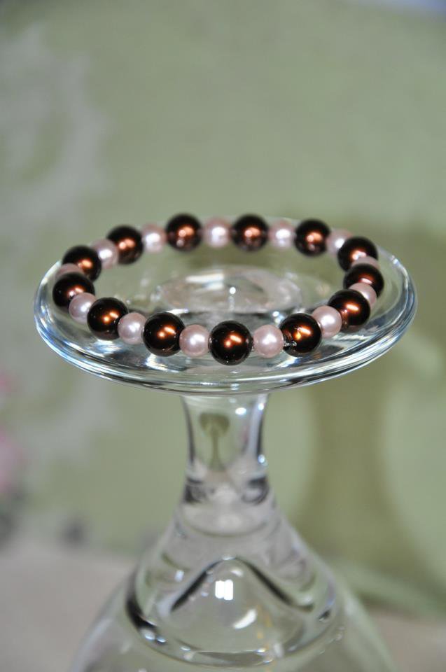 Brown and Tan Glass Faux Pearl Stretchy Bead Bracelet