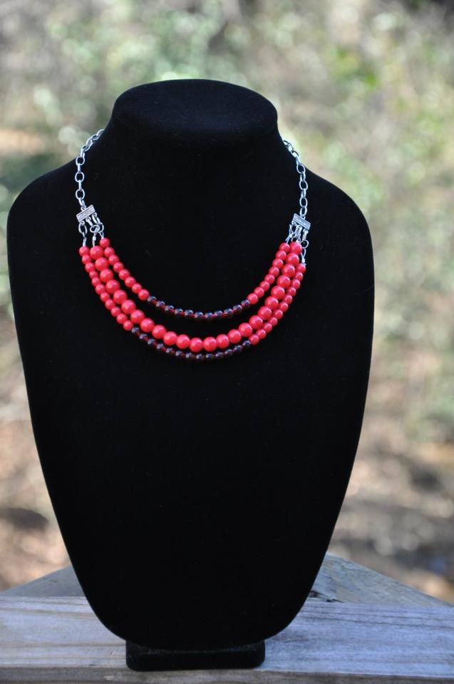 Three Strand Red Bead Statement Necklace