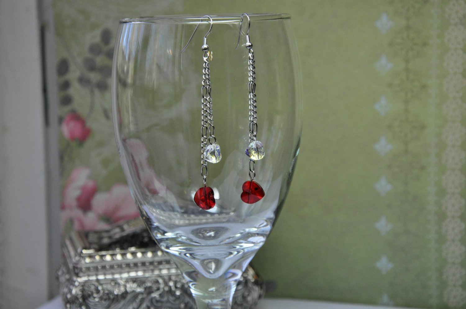 Swarovski Red Heart Crystal Chain Drop Bead Earrings