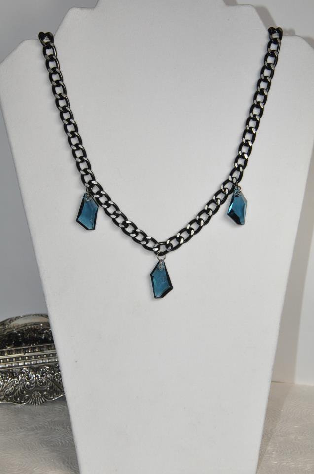 Blue Denim Swarovski Crystals Black Chain Necklace